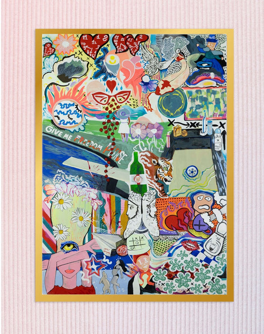 Modern collage art print with daisies, surreal symbols, and eclectic characters, expressive pop art wall decor