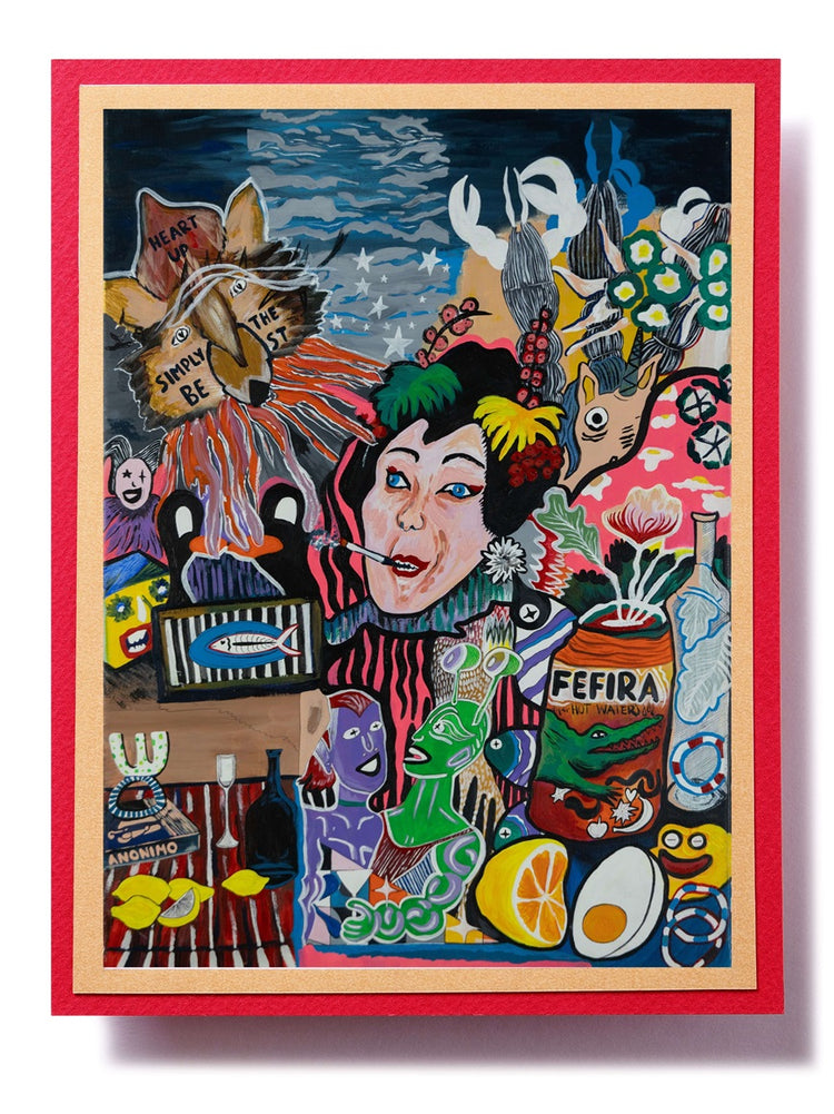 Pop surrealist painting with faces, animals, vintage elements and symbolic objects, quirky contemporary wall art