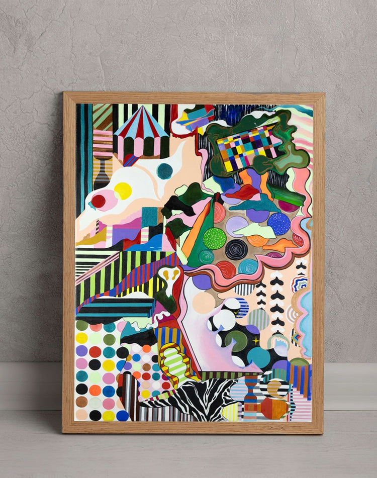 Abstract colorful painting inspired by circus themes, modern geometric wall art with stripes and polka dots